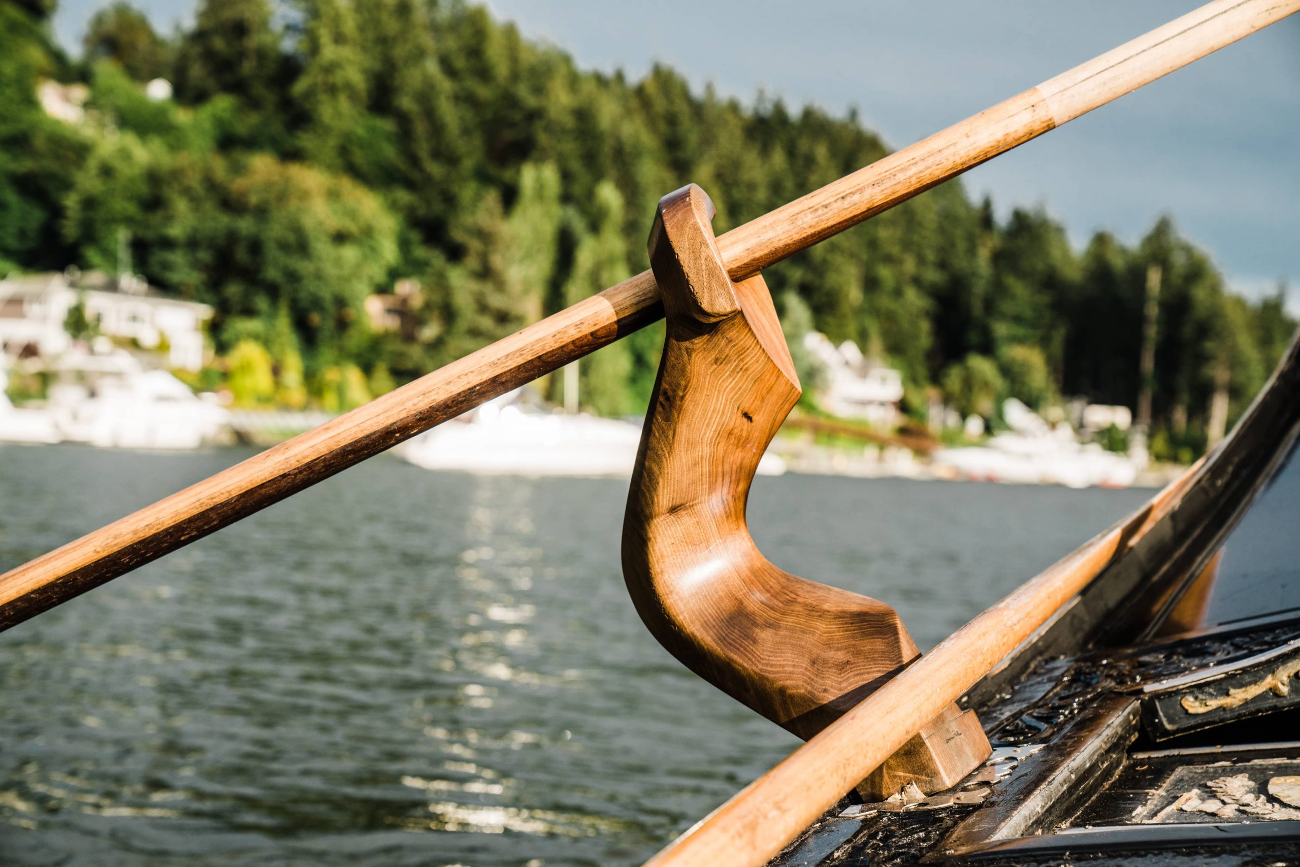 A hand-carved oarlock on a gondola in Gig Harbor, Washington