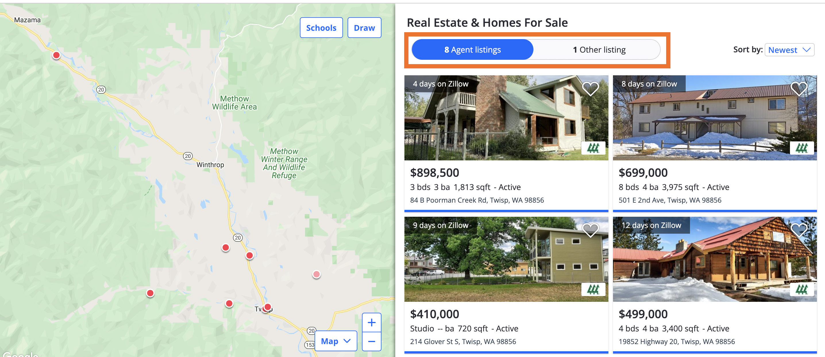 Zillow map with current listing in the Methow Valley
