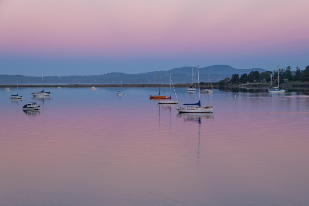 A harbor on Lopez Island in Washington at sunrise